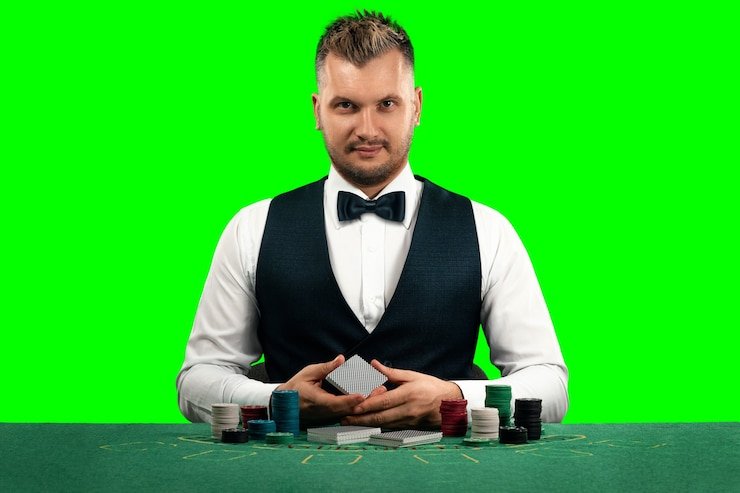 Live casino dealer at multi-camera studio during a baccarat round